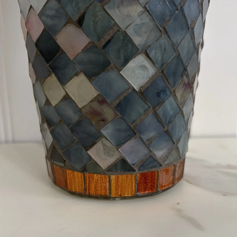 Three Hands Corp Art Glass Mosaic Tile Vase Gray Bronze Warm Tone Candle Glow